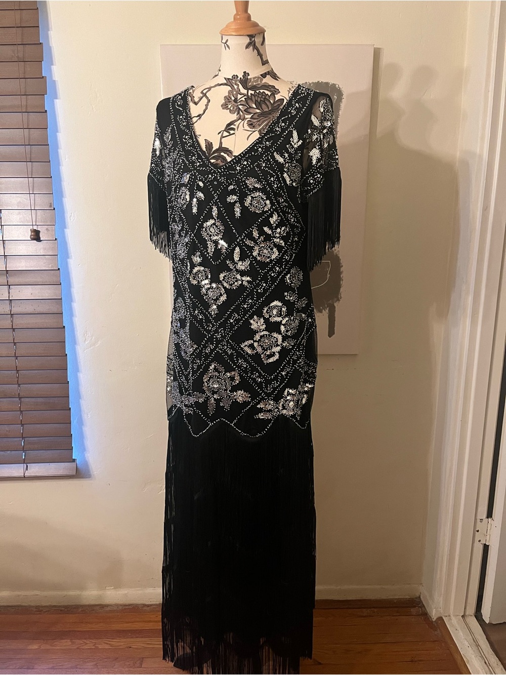 20’s flapper style Black Fringe Maxi Dress with Silver Beaded Floral Detail